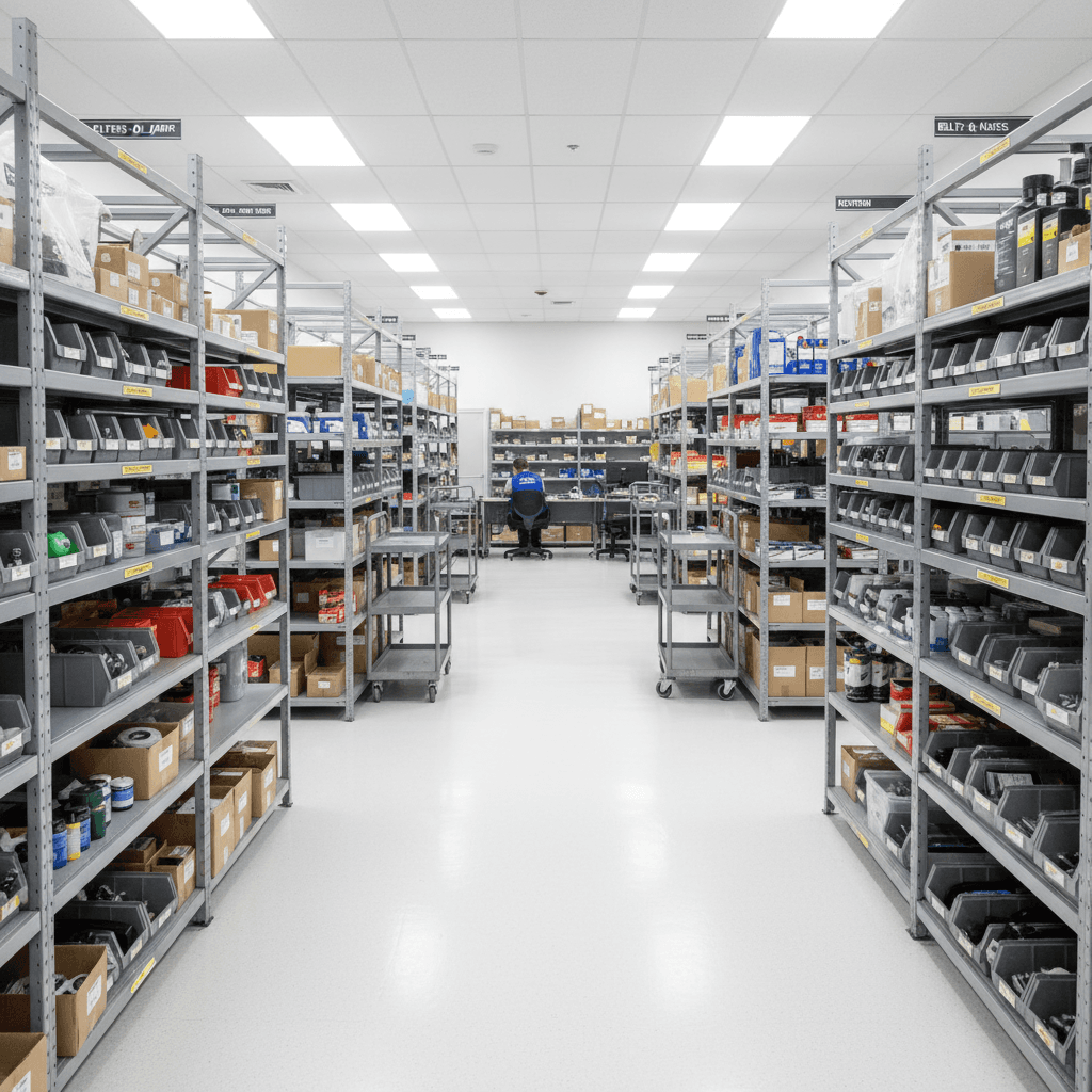 Well-organized auto parts inventory area in a dealership's service facility