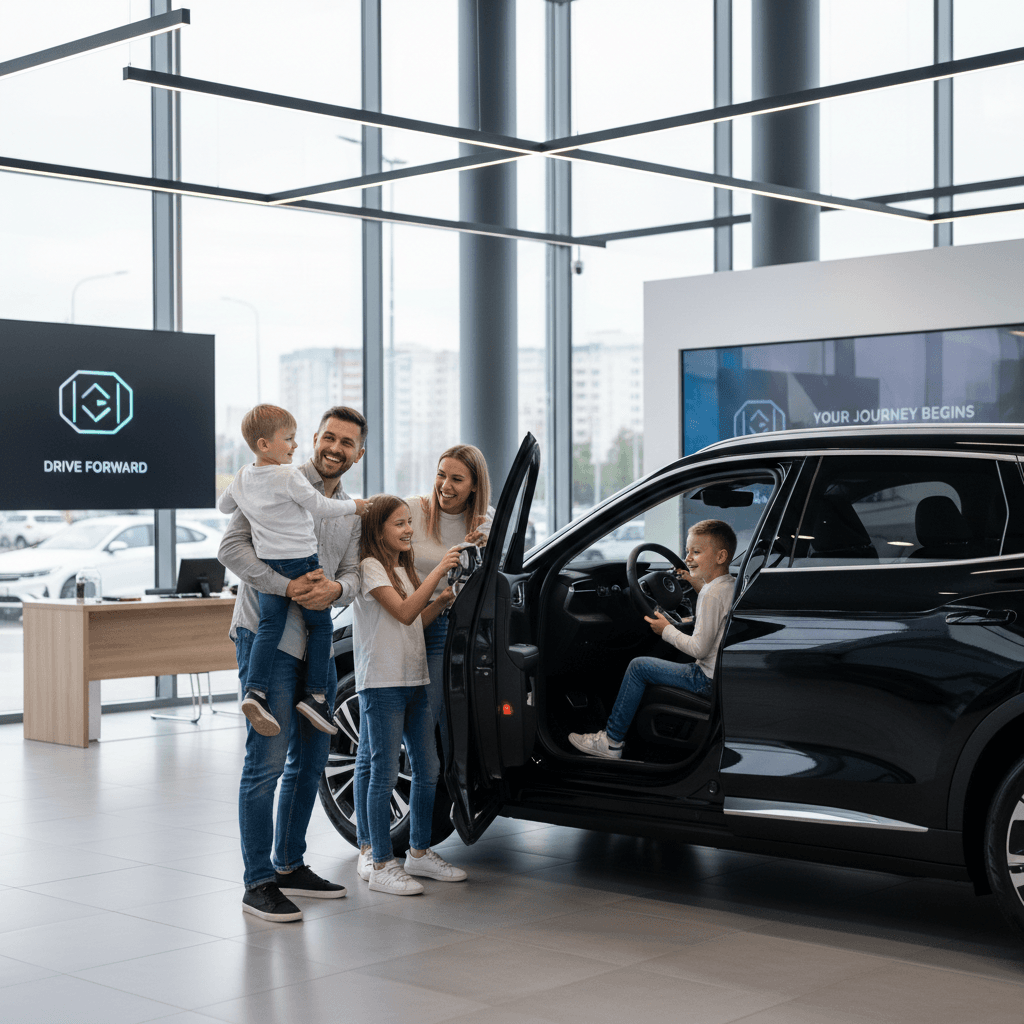 Happy family at a dealership beside a black SUV, showcasing excitement and openness.