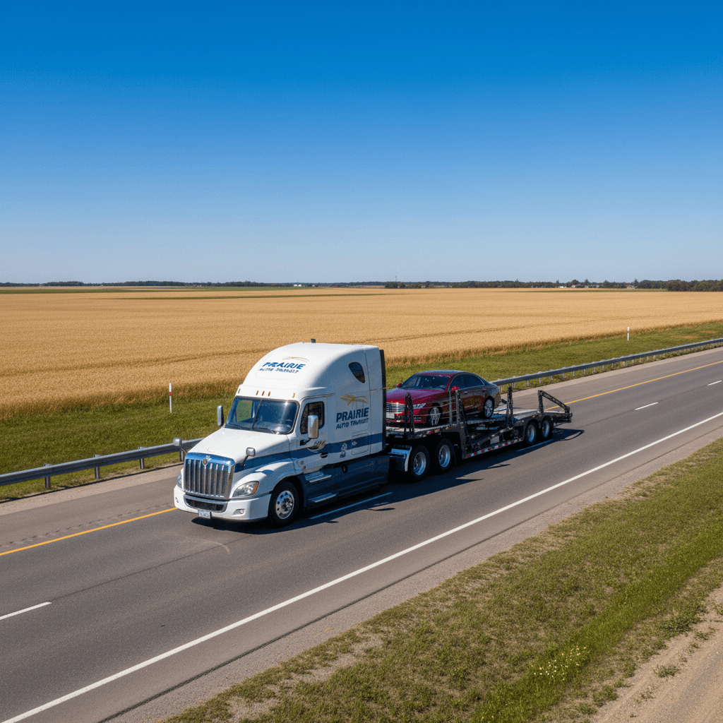 Delivery truck on Manitoba highway transporting vehicle