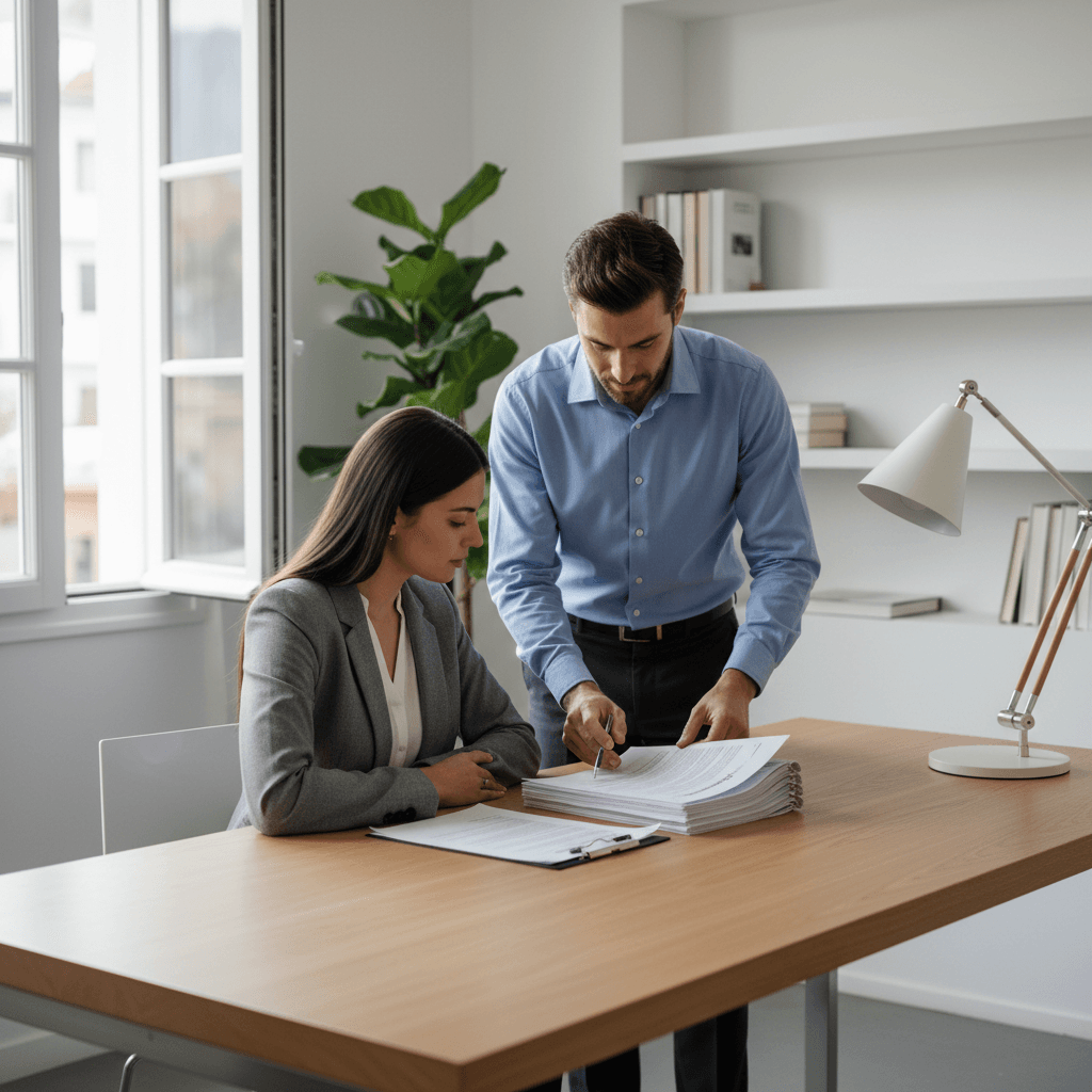 Sales representative walking through paperwork with satisfied customer