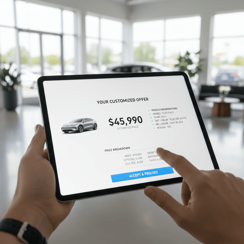 Digital pricing breakdown and vehicle details on tablet
