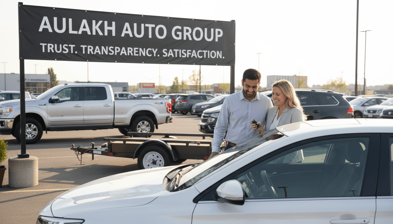 Customers discussing a used vehicle at Aulakh Auto Group's lot
