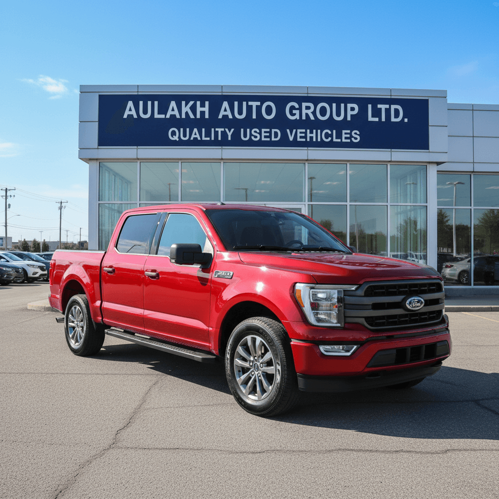 Red pickup truck parked with clear details visible