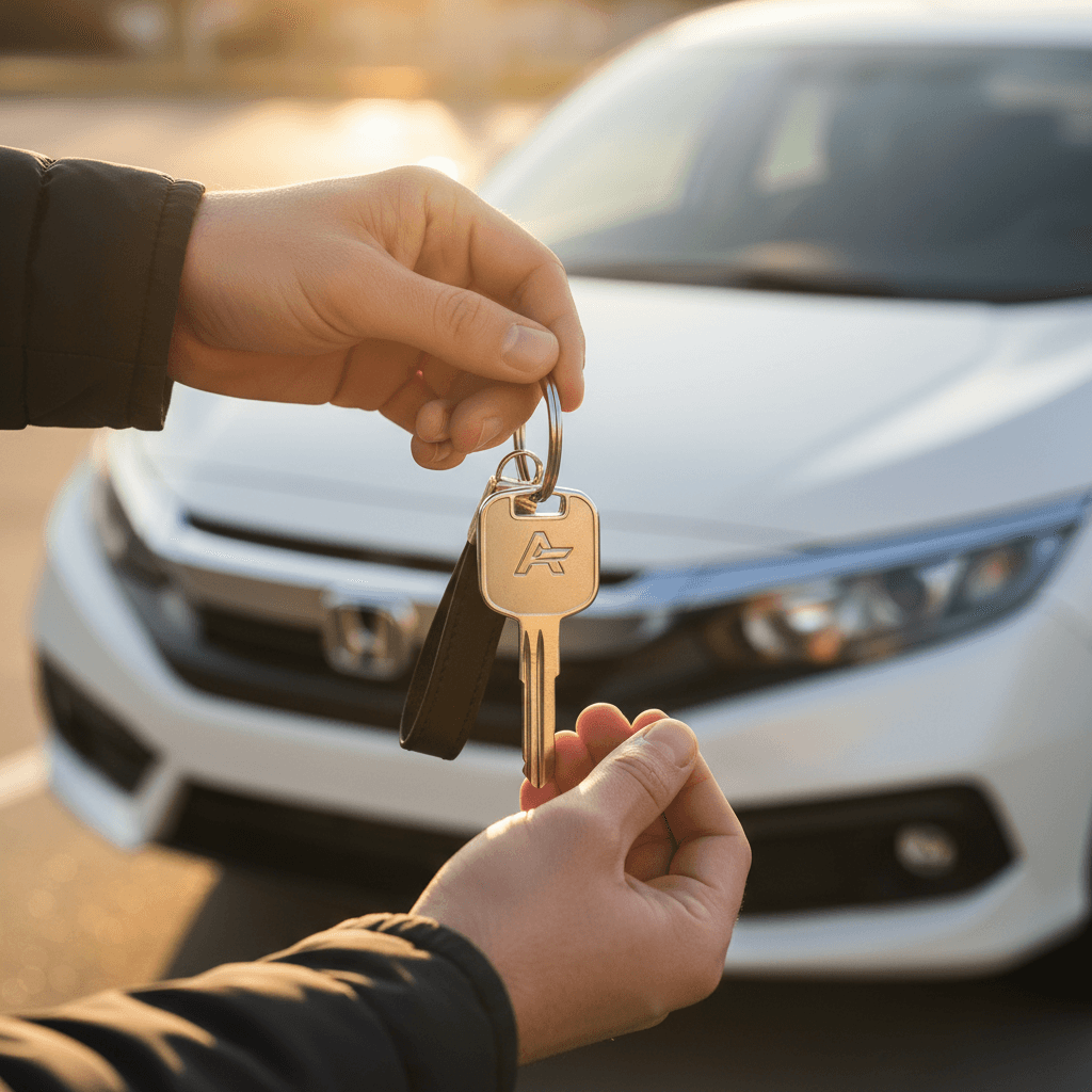Close-up of customer's hands holding car keys with pristine sedan visible in bright natural daylight
