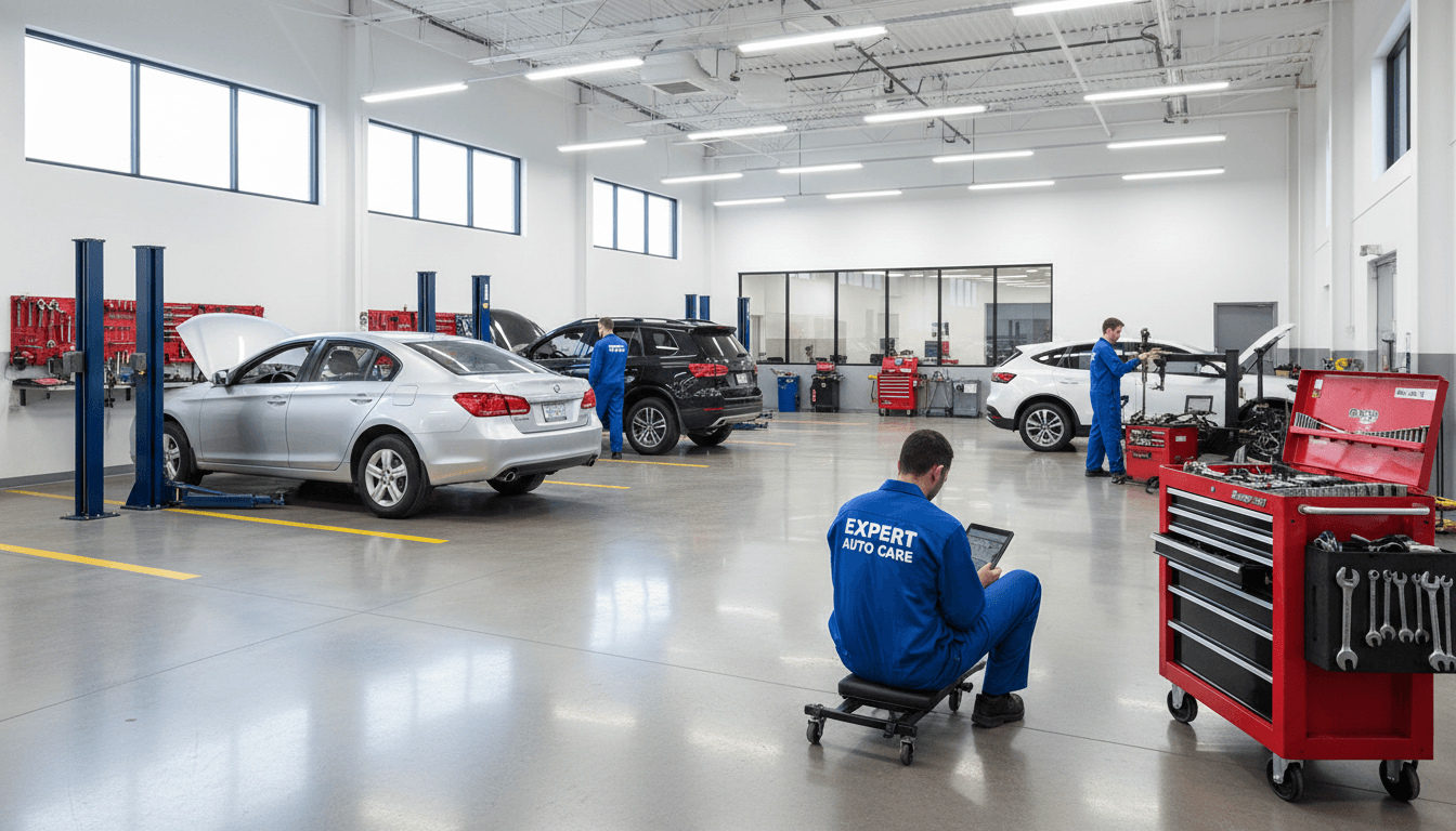 Professional vehicle inspection at our service bay