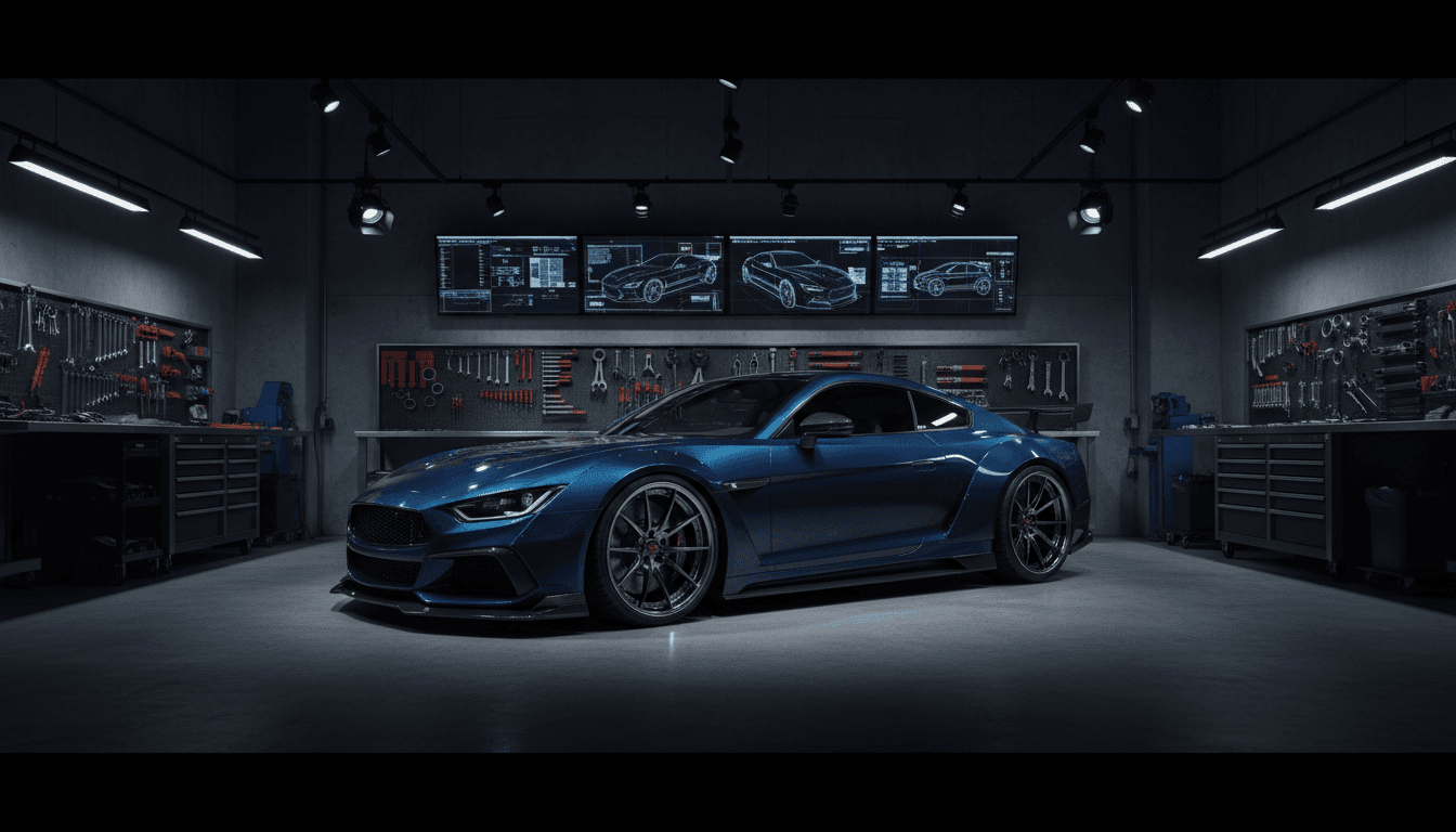 Custom-modified luxury vehicle with body kit and premium wheels displayed in dramatic professional automotive workshop lighting