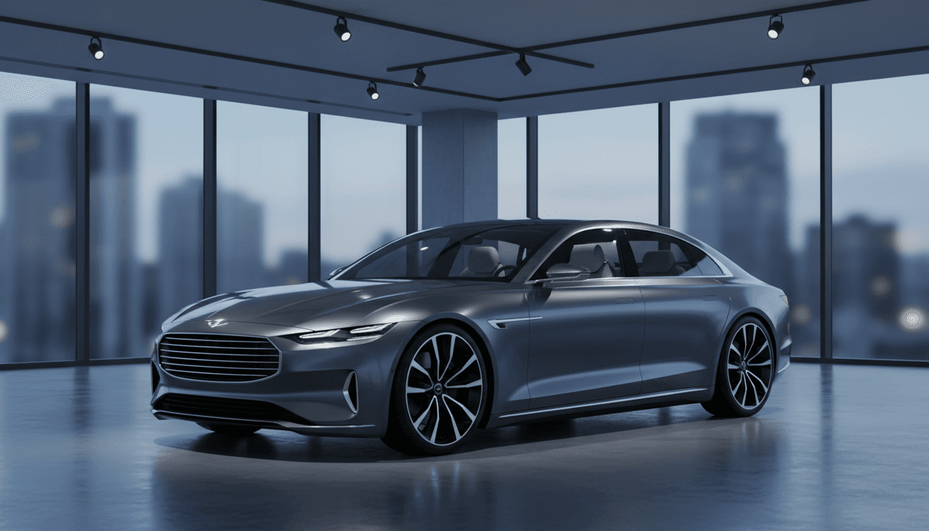 Luxury sedan displayed in modern showroom with dramatic lighting emphasizing refined profile and premium design