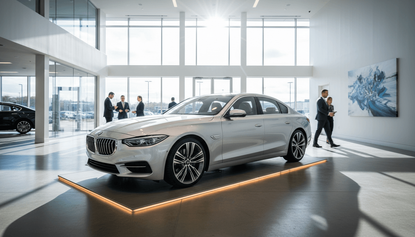 Silver hybrid sedan in modern dealership showroom